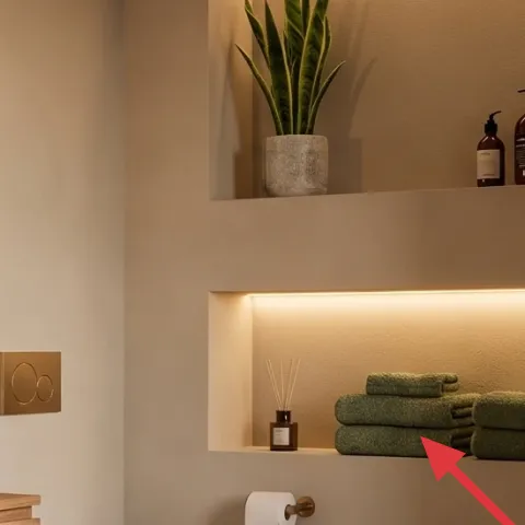 Folded green towels on shelf