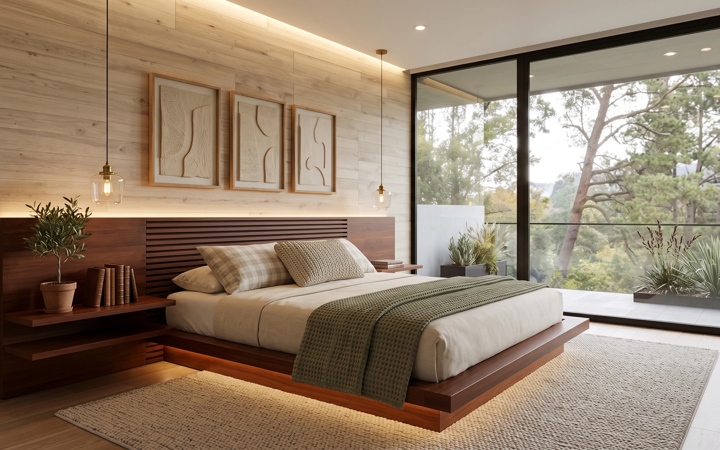 Warm wood bedroom with platform bed, cream bedding, olive throw, three framed abstract prints, and glass pendant lights
