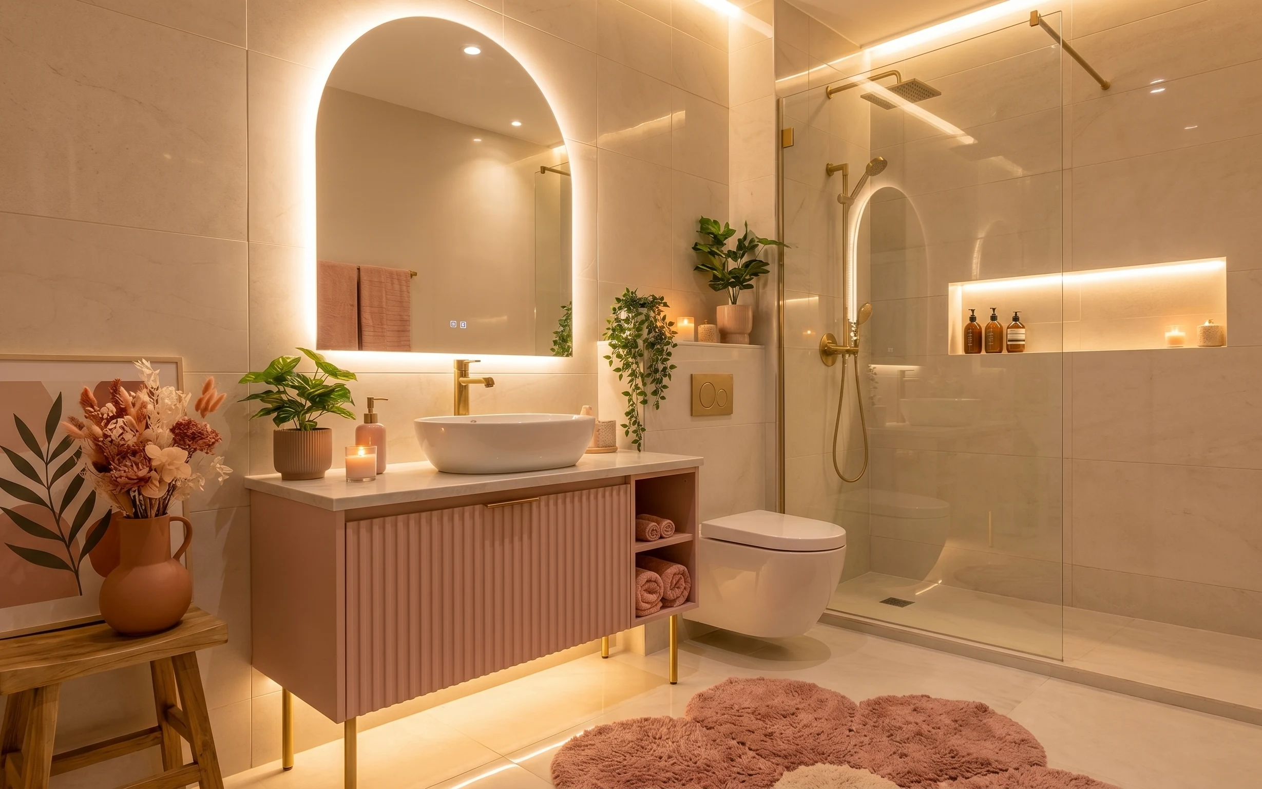 Spa-like bathroom with backlit arched mirror, tiled shower, warm vanity, framed botanical print, candle, and shag rug