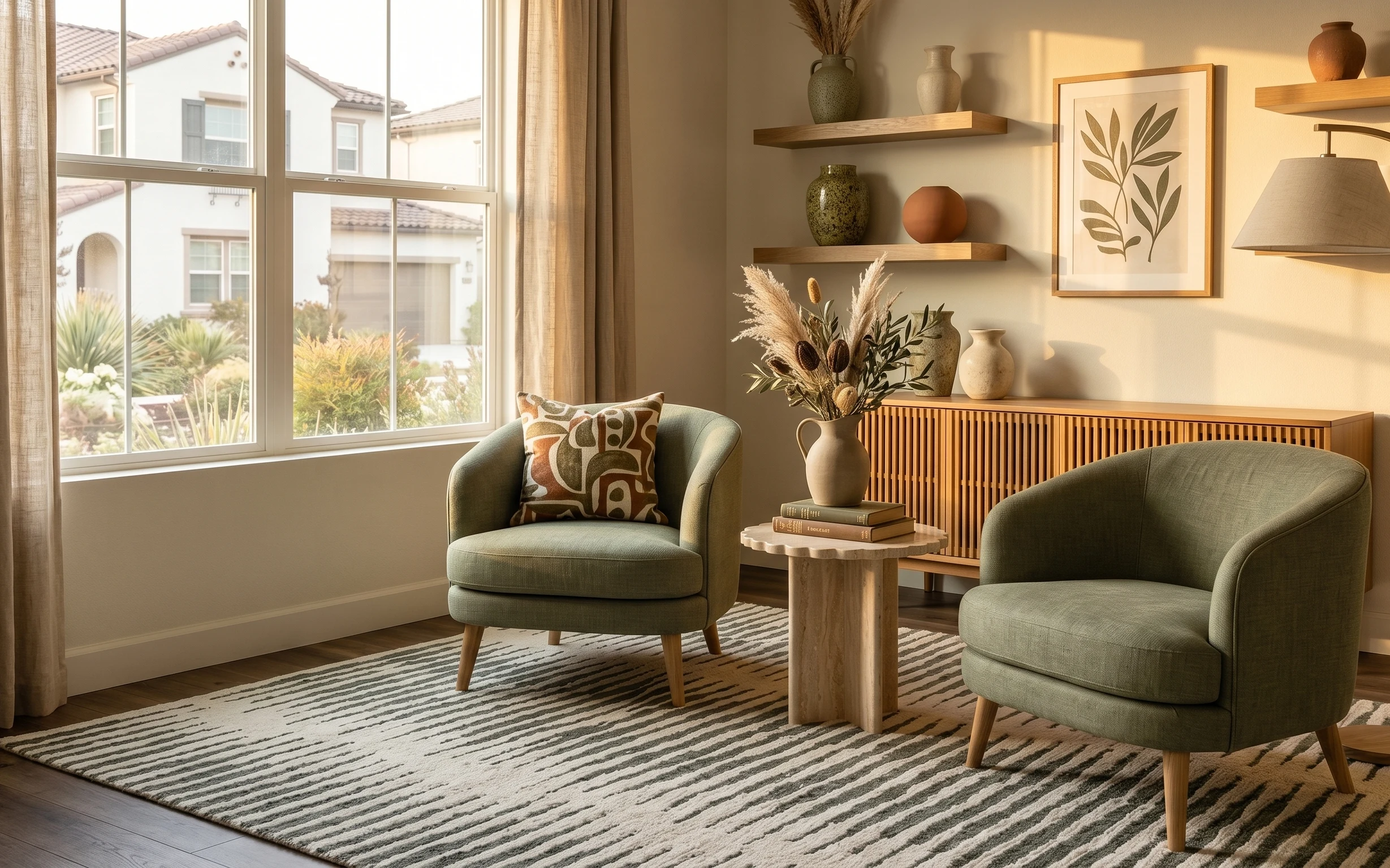Living room corner with olive armchairs, striped rug, warm curtains, framed botanical art, and a tall ceramic vase