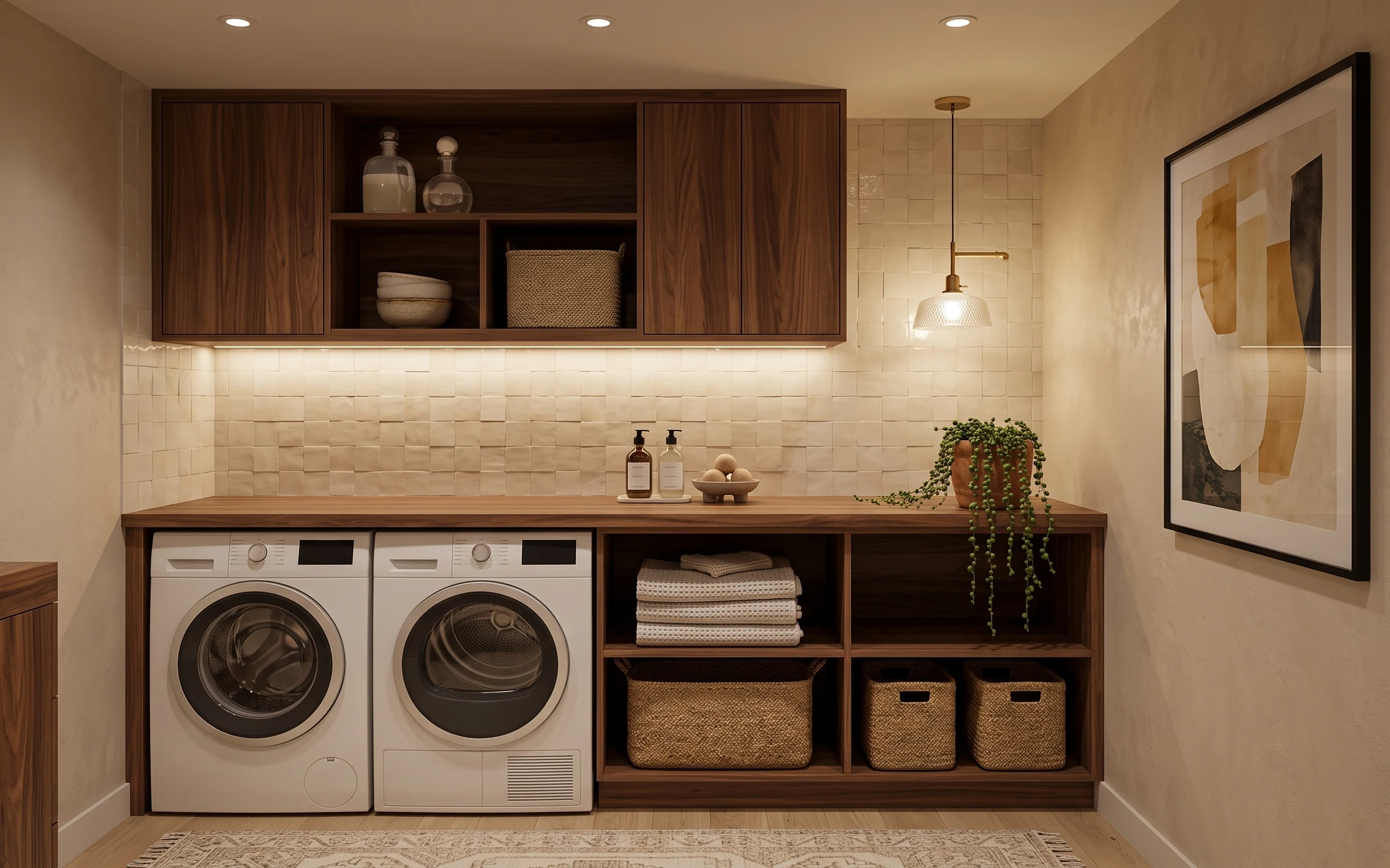 Laundry nook with warm wood open shelving, stacked towels, hanging bead succulent, beige tile backsplash, pendant light, and framed abstract art