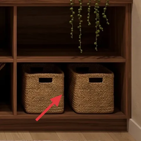 woven storage baskets on open shelf