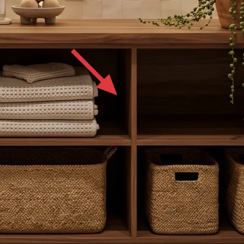 stack of folded towels on open shelf