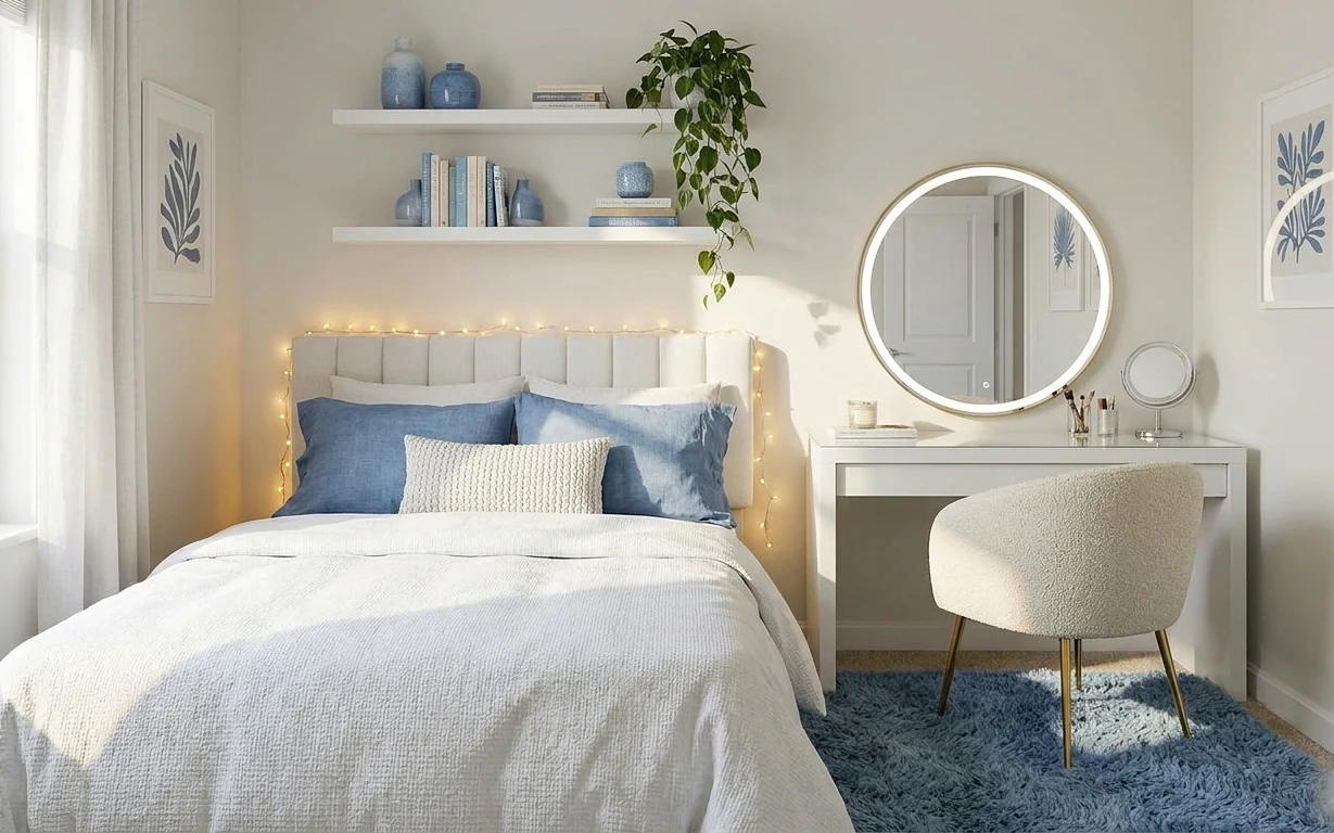 White-and-blue bedroom vanity corner with a bed, string lights, sheer curtains, blue pillows, rug, and round mirror