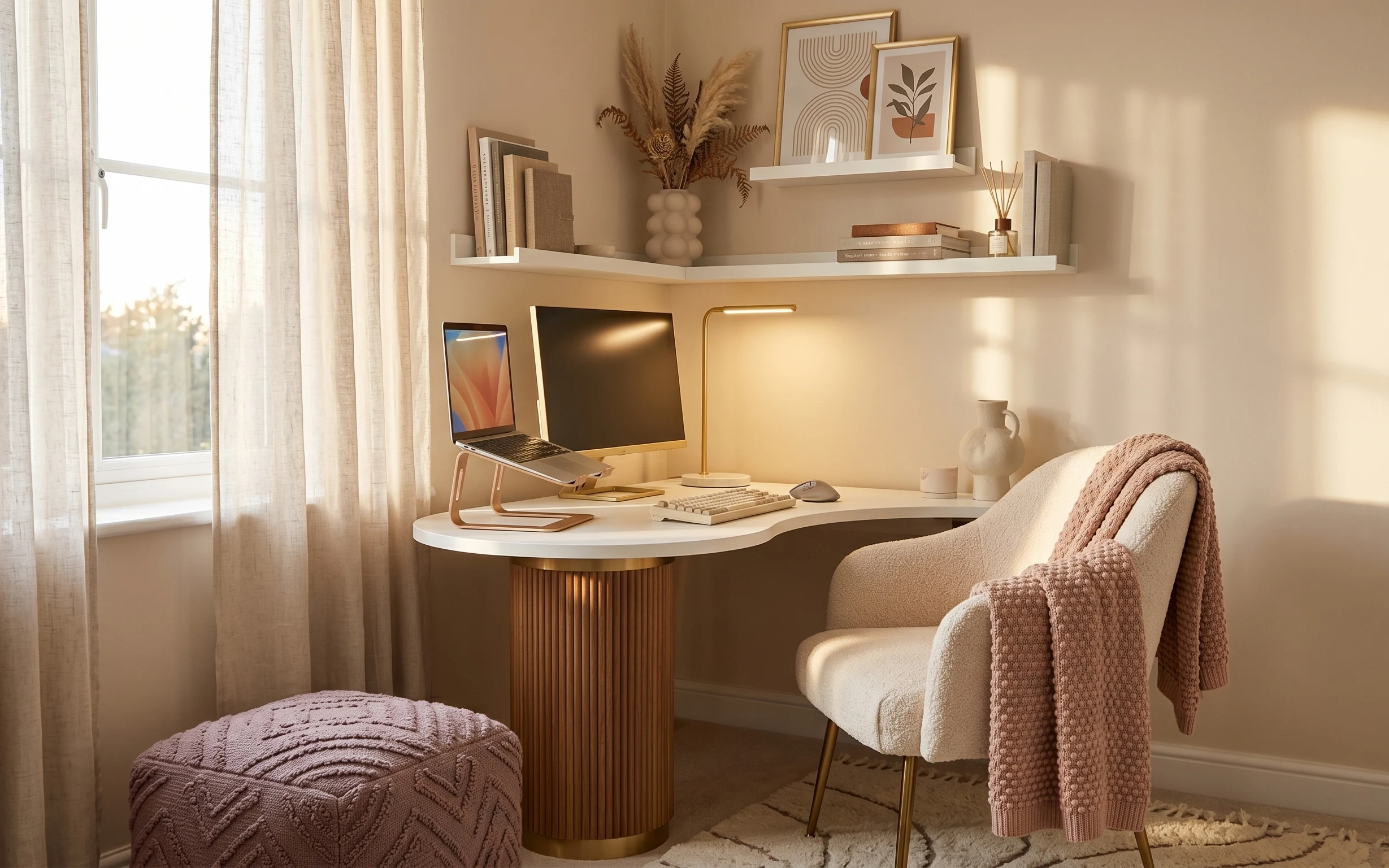 Bright home office desk nook with sheer curtains, floating shelf, brass lamp, framed prints, and a neutral rug