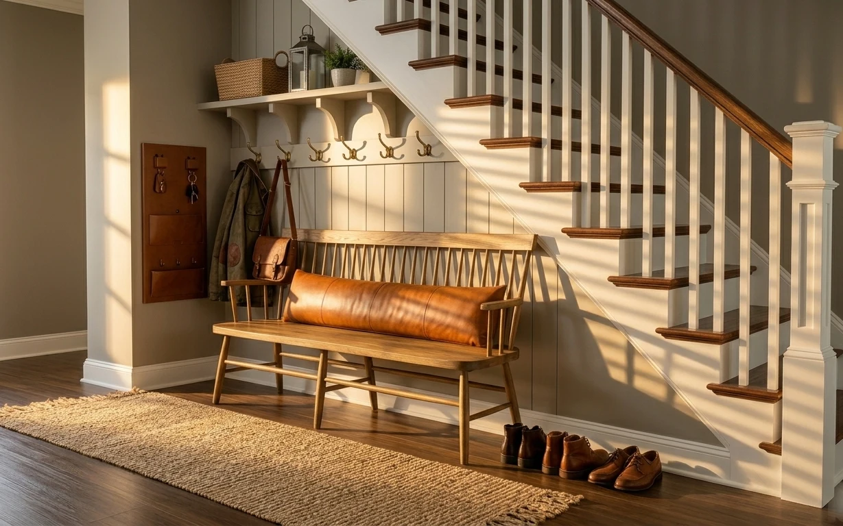Under-stairs entryway bench nook with jute rug, hanging lantern, coat hooks, and woven shelf basket