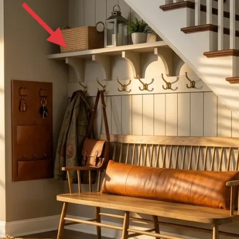Woven basket on shelf