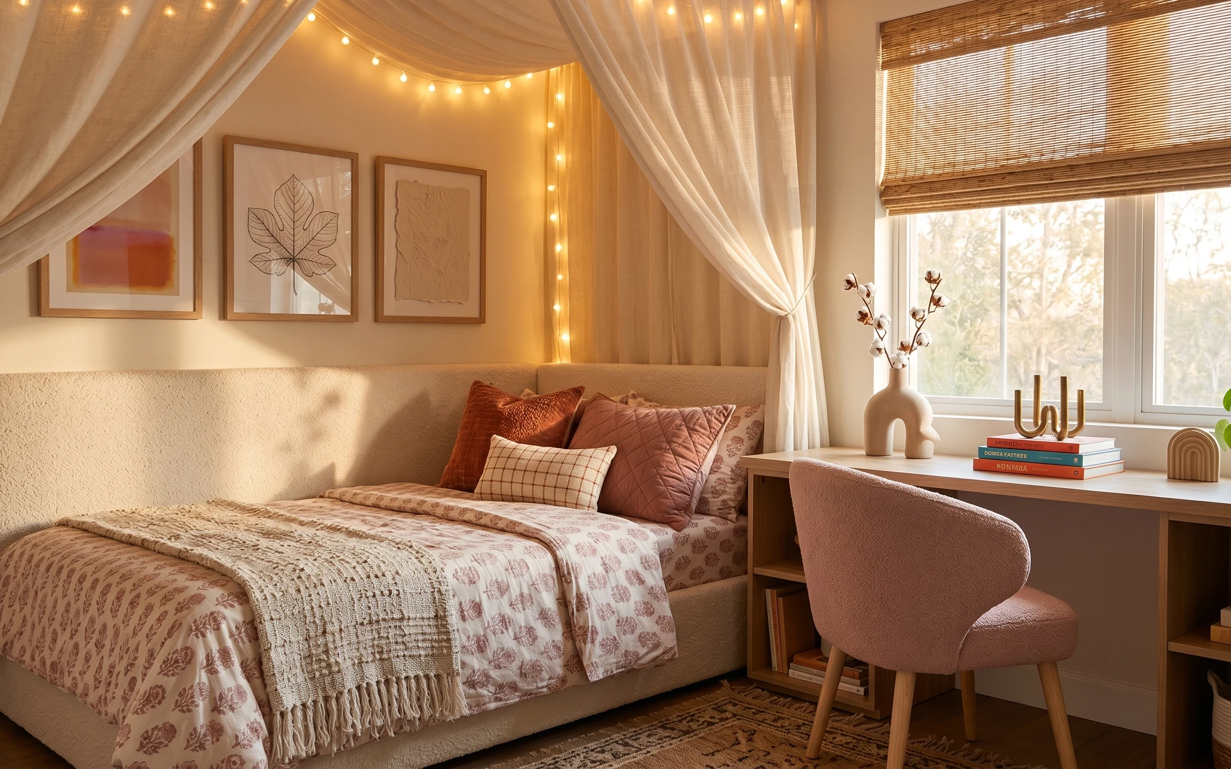Small bedroom with upholstered bed, cream knit throw, rust pillows, sheer curtains, warm string lights, and framed abstract prints