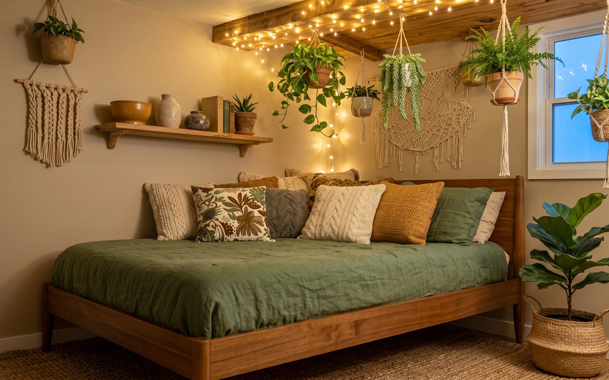 Boho bed nook with string lights, macrame wall hanging, floating shelf, hanging plants, and layered pillows