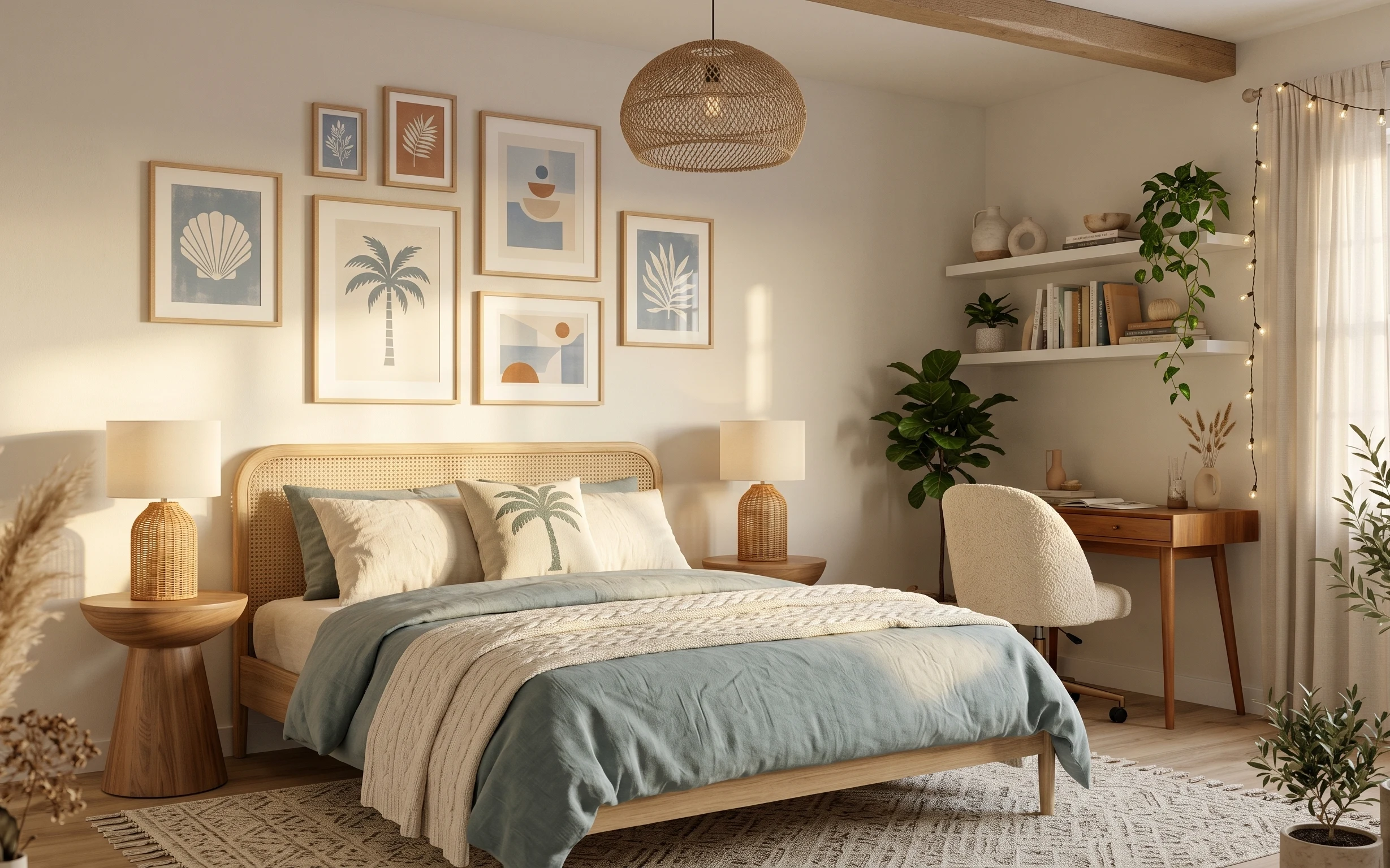 Boho bedroom with rattan pendant lamp, framed botanical prints, beige rug, string lights, curtains, and plants