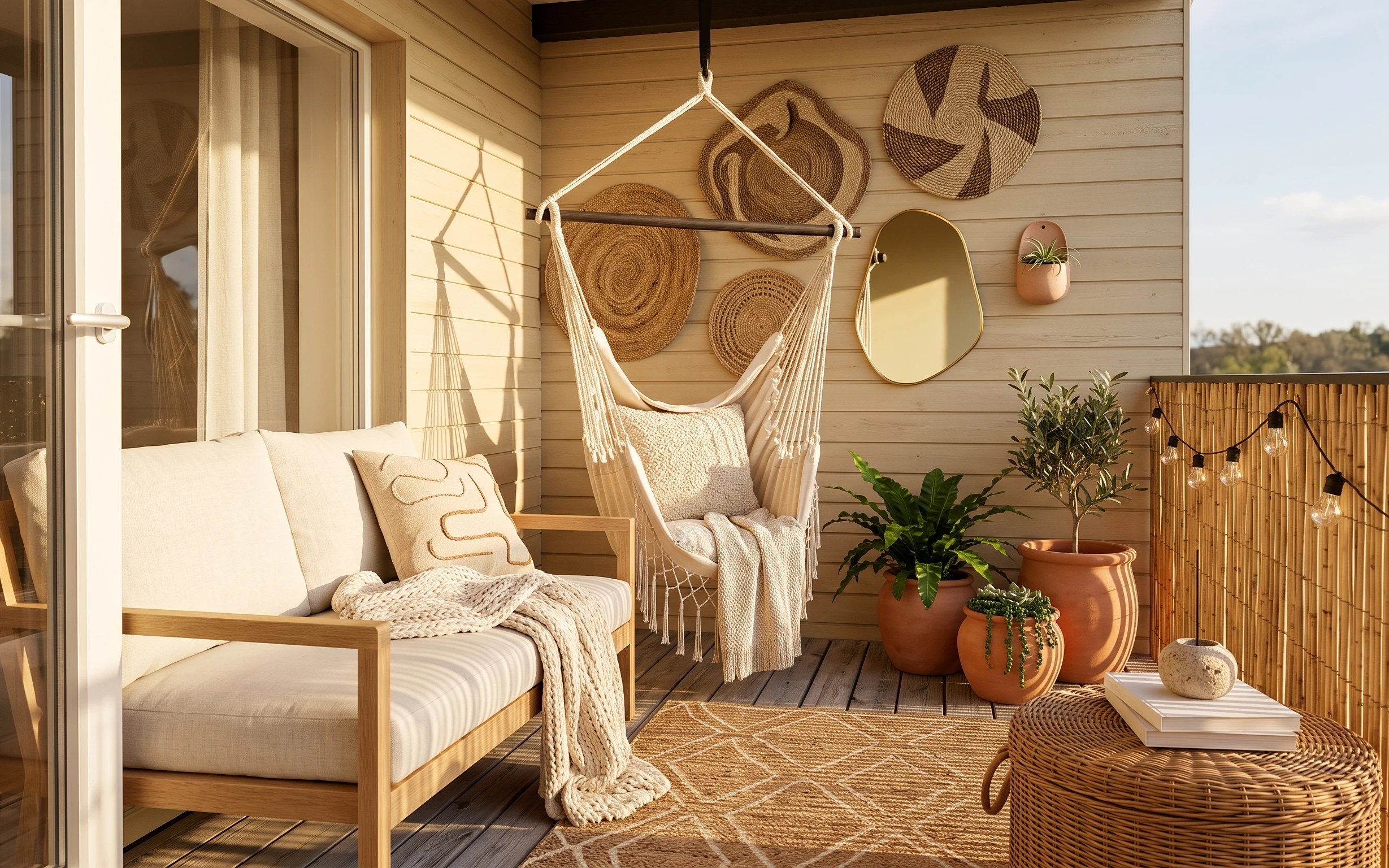 Warm boho covered balcony with wood daybed, macramé chair, woven wall baskets, terracotta planters, and string lights