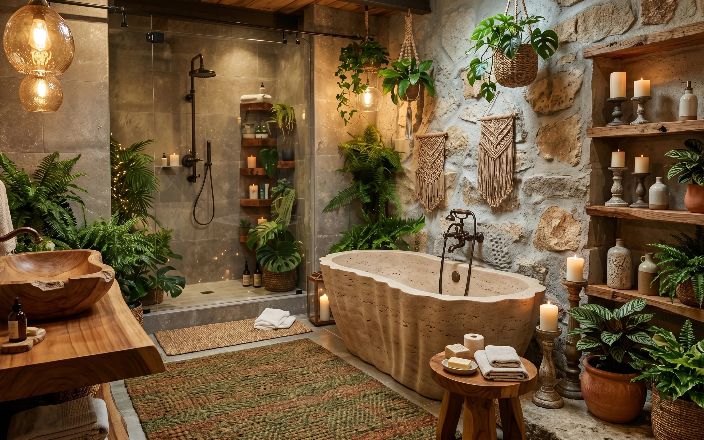 Boho spa bathroom with tub, macramé hangings, plants, pillar candles, and patterned bath rug