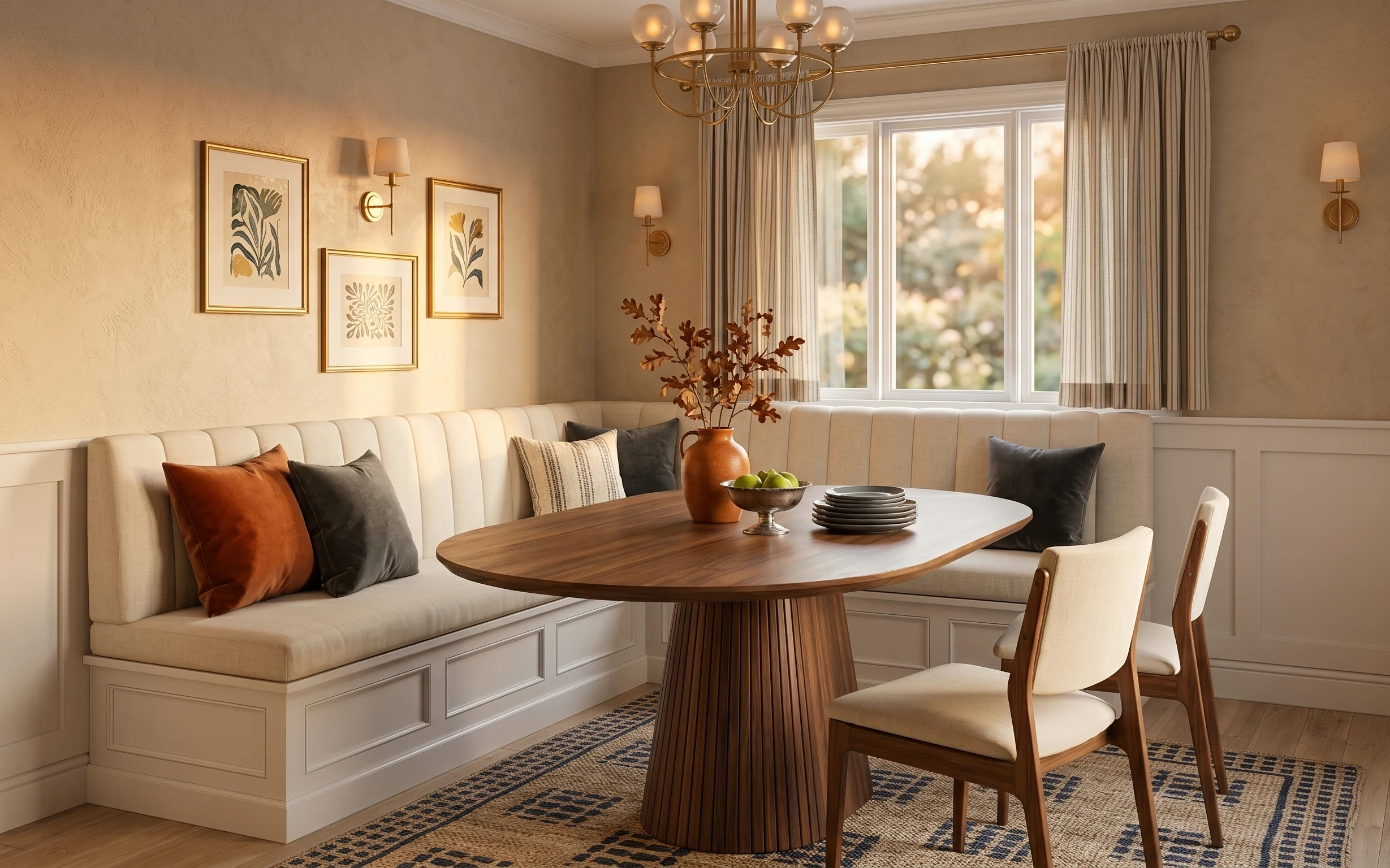 Small dining nook with beige banquette, round wood table, striped curtains, framed botanical prints, and geometric rug