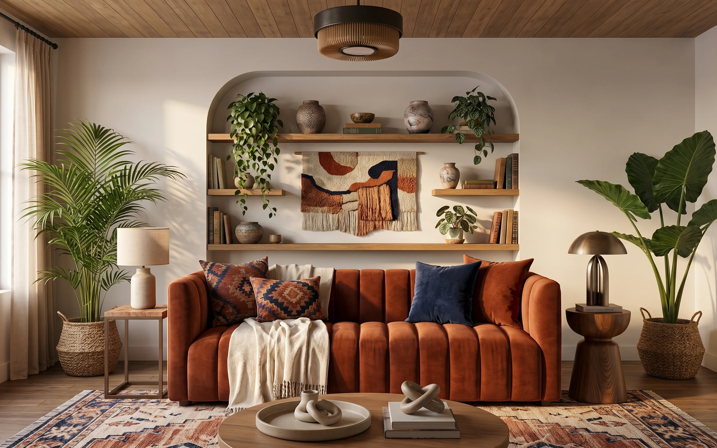 Rust velvet sofa with cream throw, patterned rug, woven wall tapestry, floating shelves, warm lamp, and large potted plants
