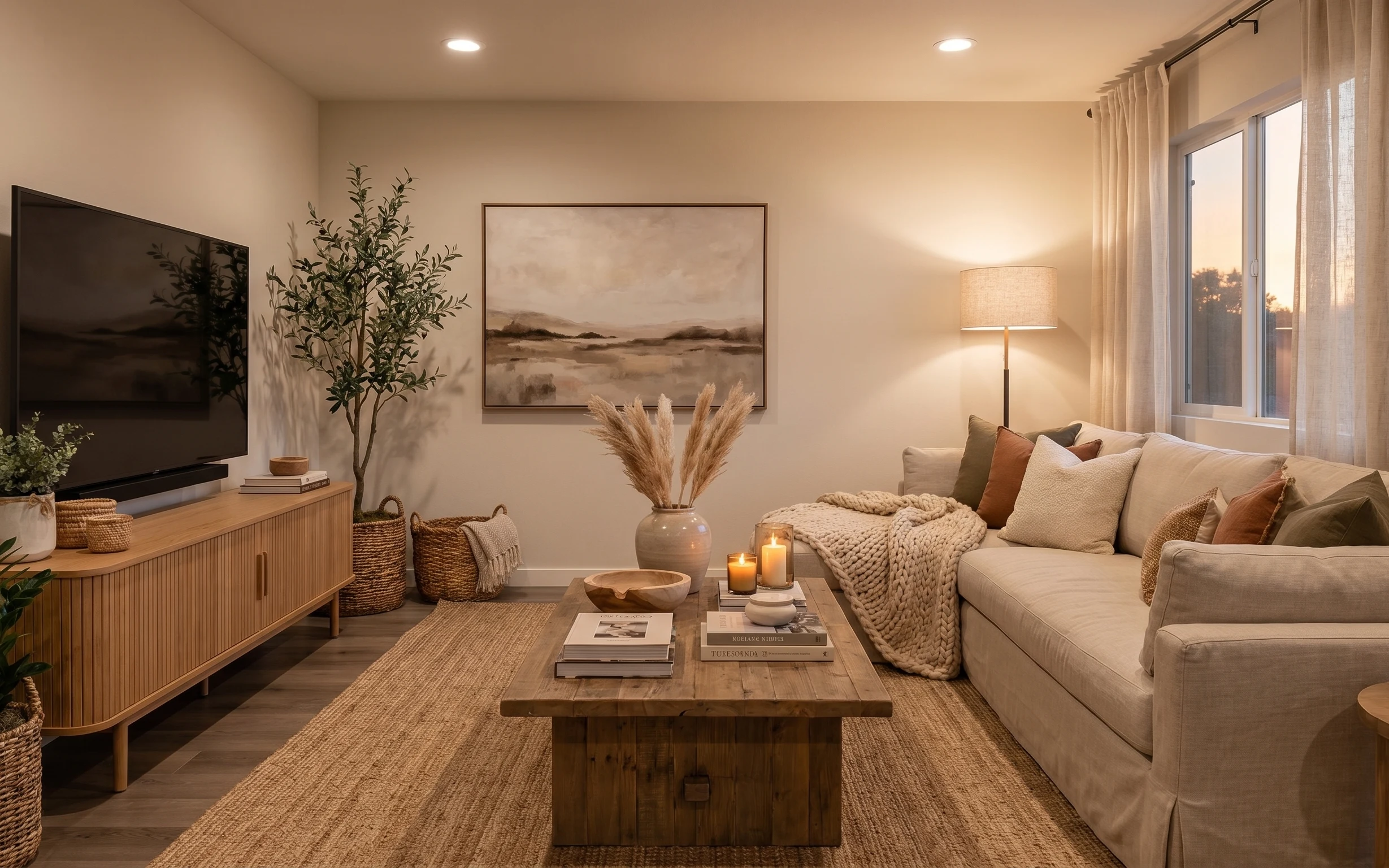 Warm living room with sofa, area rug, framed landscape art, plug-in lamp, candles on tray, and cozy textiles