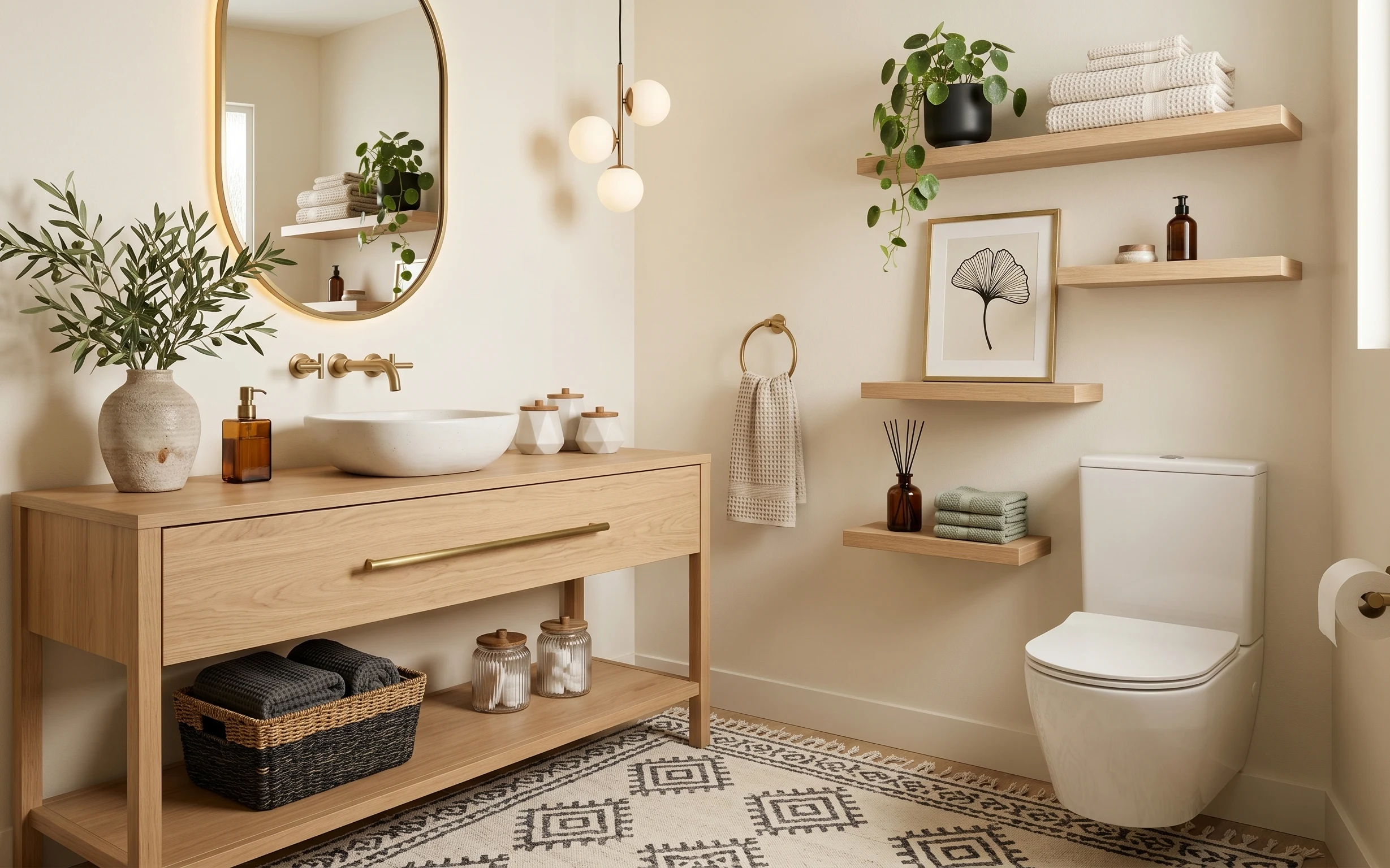 Warm japandi bathroom with round gold mirror, floating shelves, woven basket, plant, framed shell art, and patterned rug