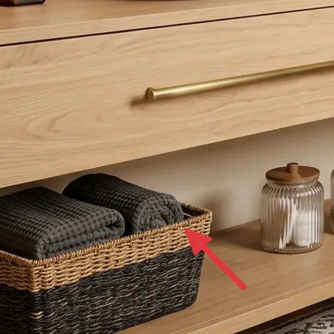 Woven storage basket under vanity