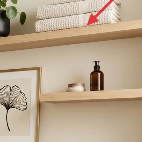Wood floating shelf on right wall