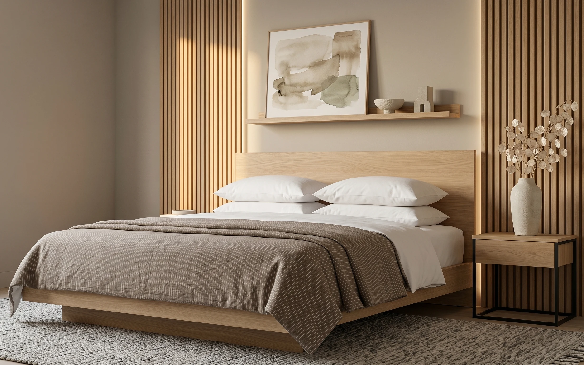 Japandi bedroom with white pillows, striped taupe throw, gray rug, framed abstract art, and a ceramic vase of dried stems