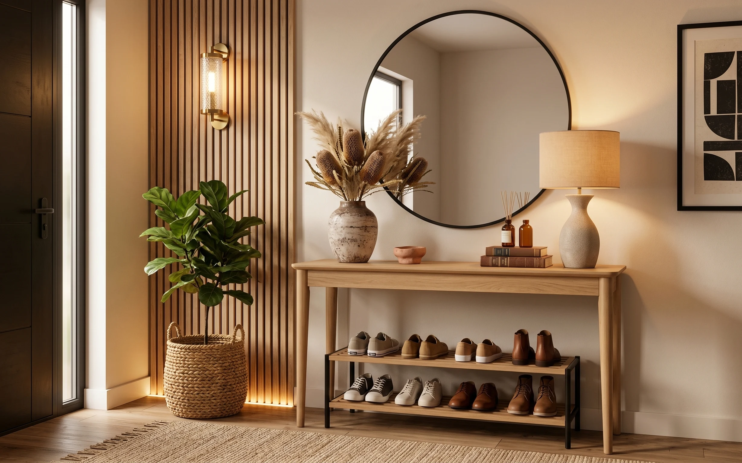 Entry console nook with tan rug, woven planter, round wall mirror, table lamp, ceramic vase, framed art, and shoe rack