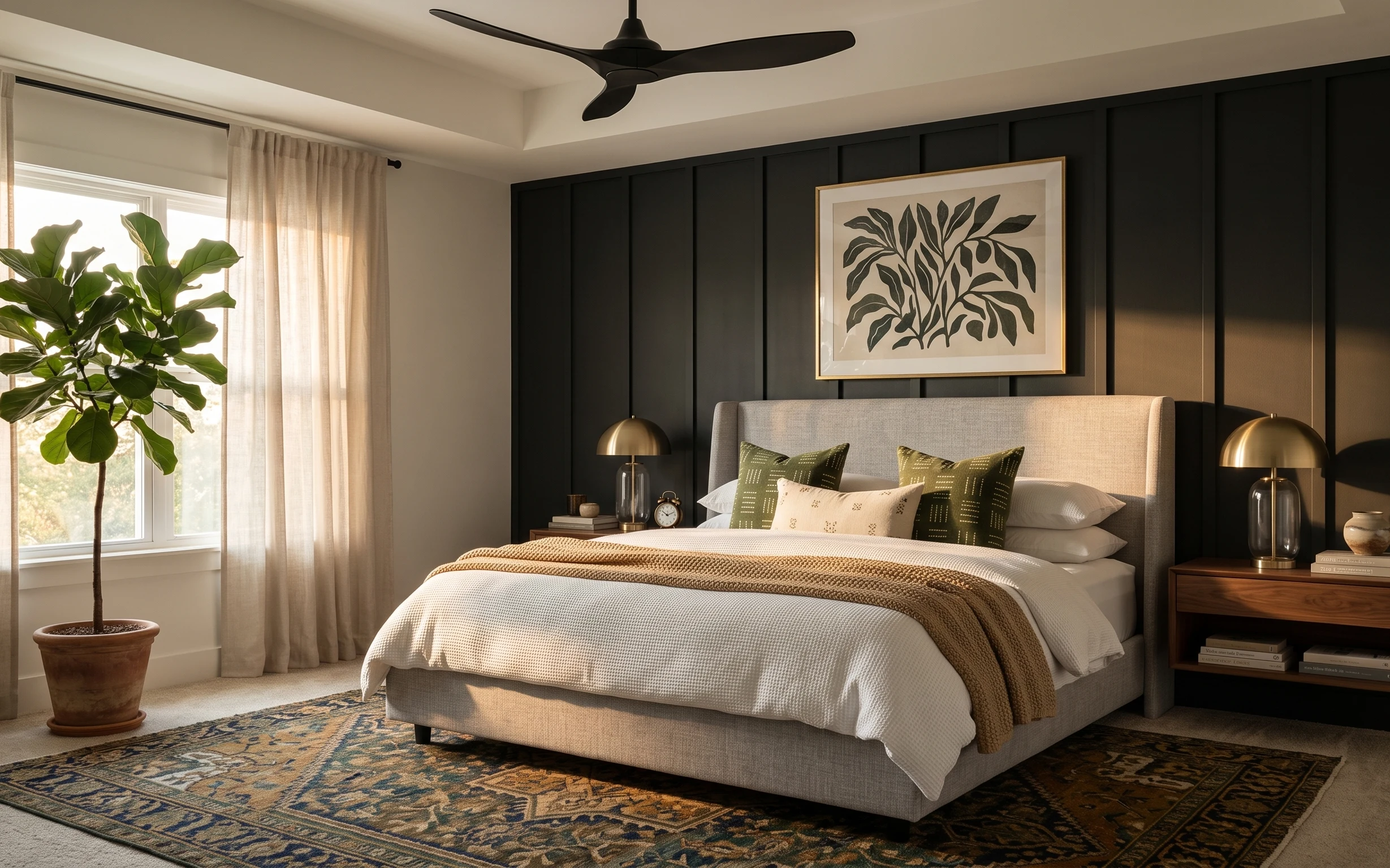 Bedroom with cream bedding, olive pillows, tan knit throw, patterned rug, framed botanical print, brass lamps, and a terracotta potted plant