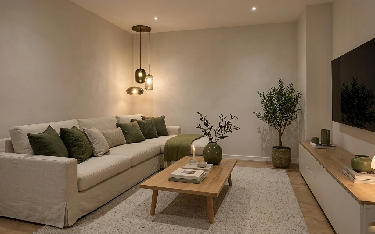 Warm olive-and-walnut living room with gray sectional, wood coffee table, framed art, lamp, and potted tree.