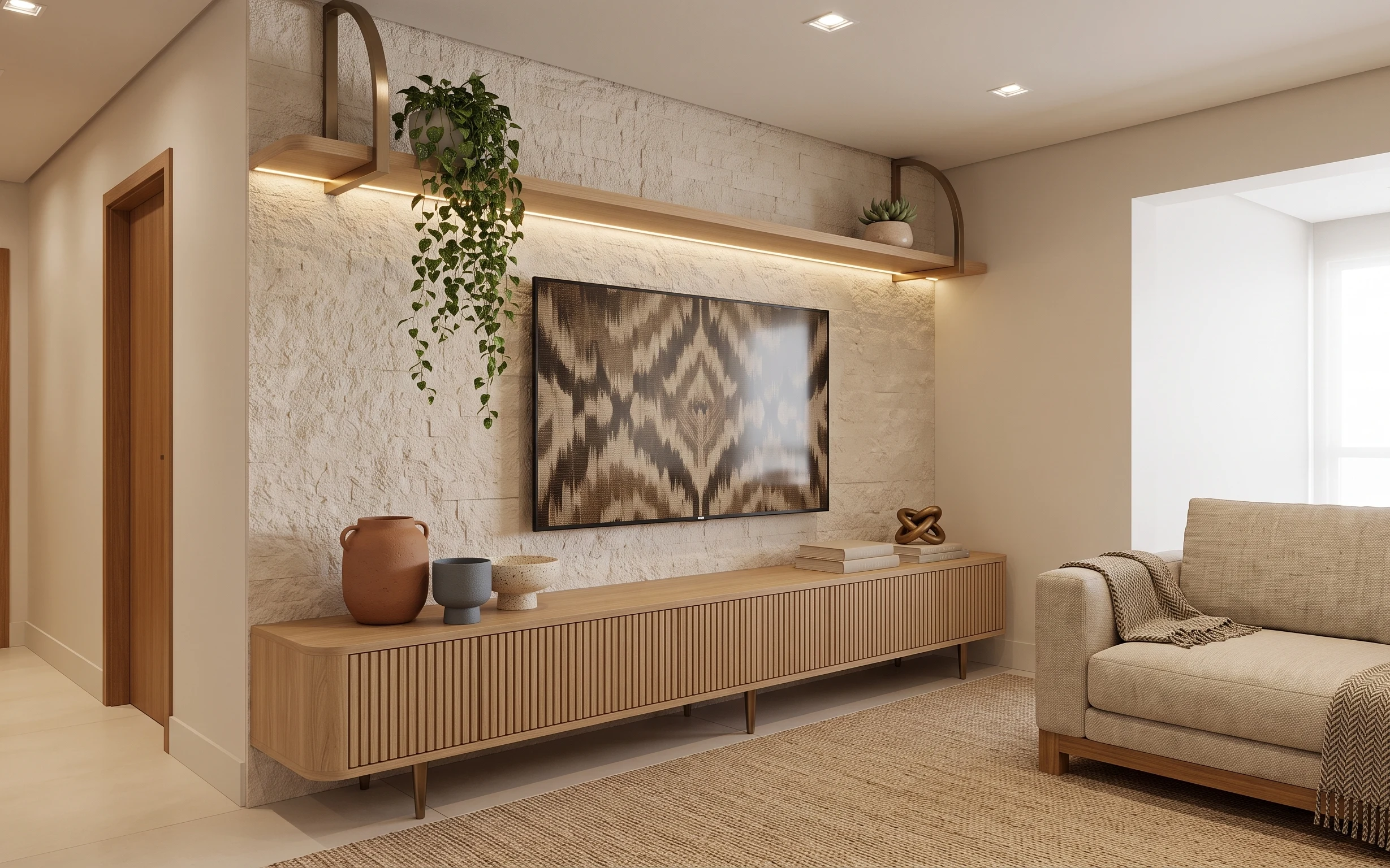 Warm modern living room nook with beige rug, arched mirror, framed abstract art, and wood console styling