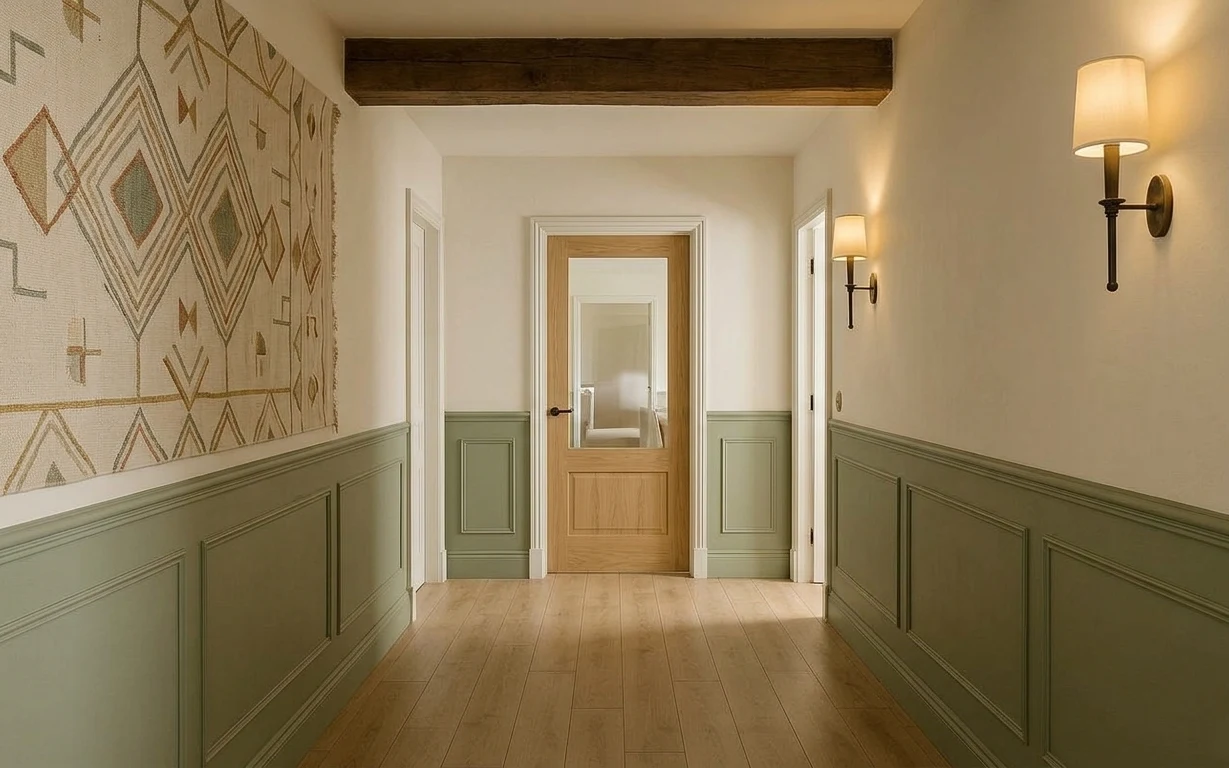 Sage-green wainscoting and cream geometric wallpaper in a warm hallway with two wall sconces
