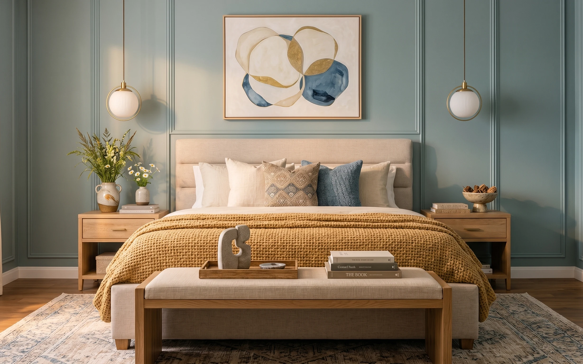 Sage paneled bedroom with brass globe pendants, framed abstract art, layered beige bedding, rug, and vase flowers