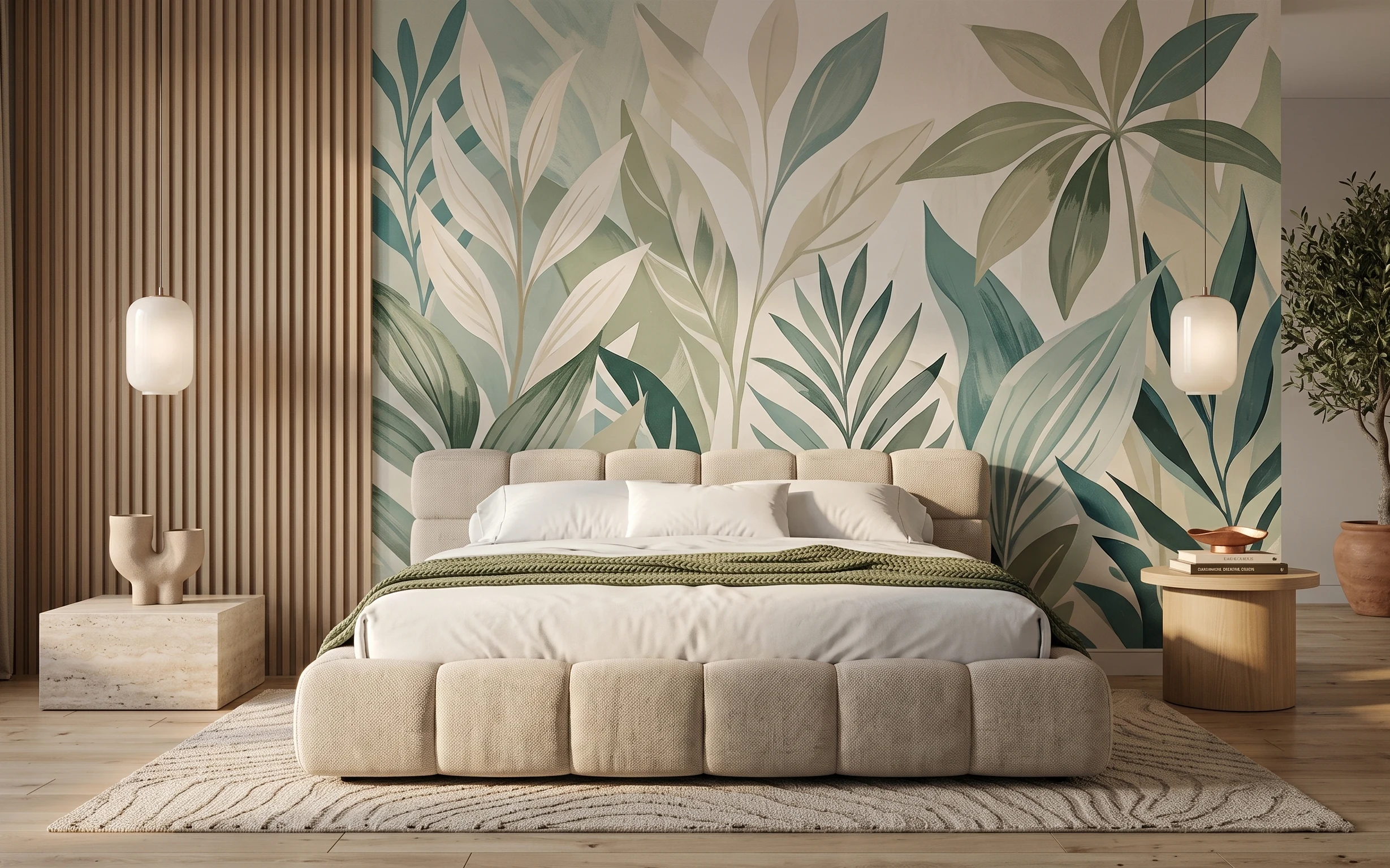 Renter-friendly bedroom with sage leaf wallpaper mural, patterned rug, white glass plug-in lamps, beige curtains, and terracotta plant