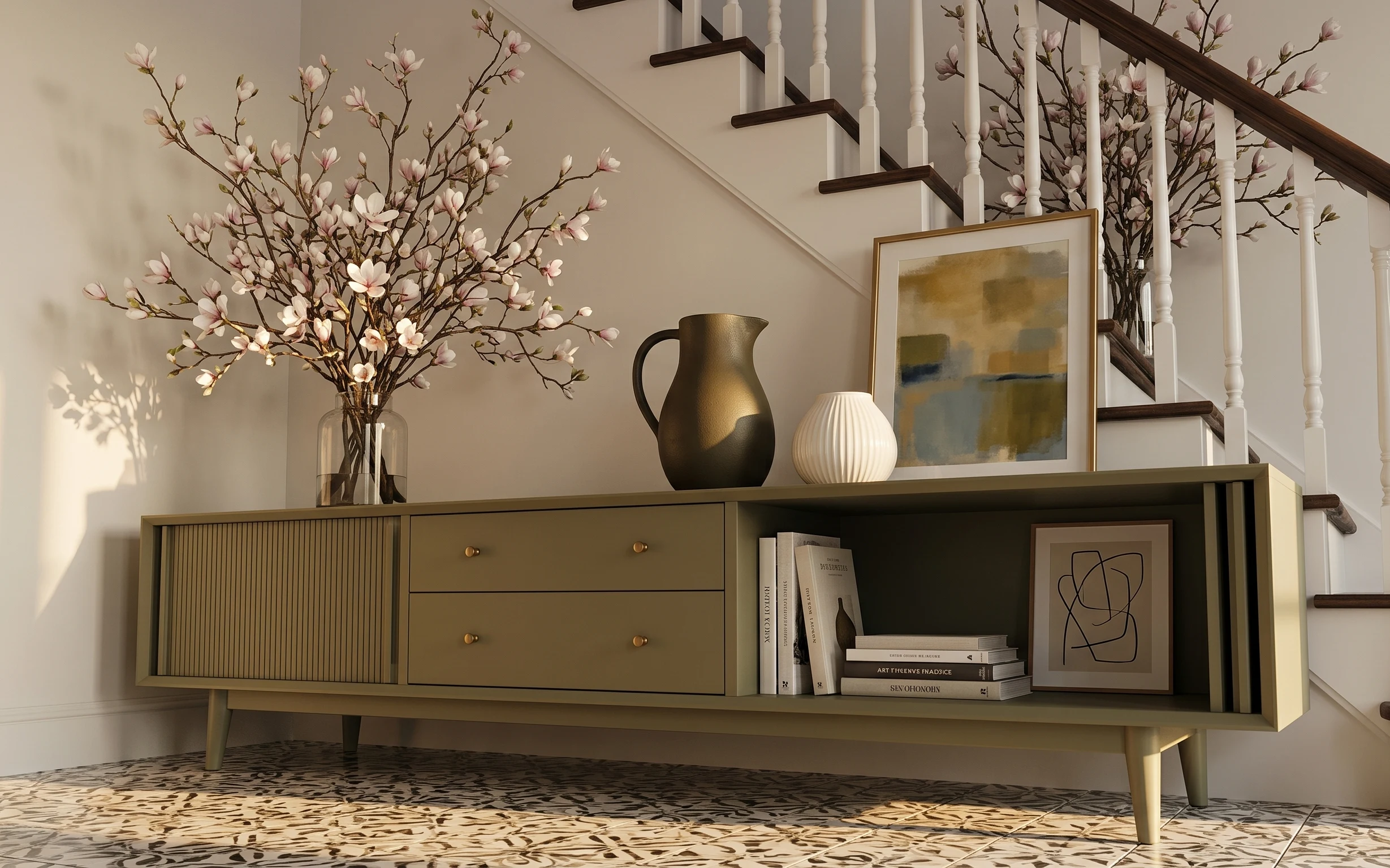 Staircase entry with long credenza, patterned area rug, blush blossom branches in a glass vase, and framed abstract art