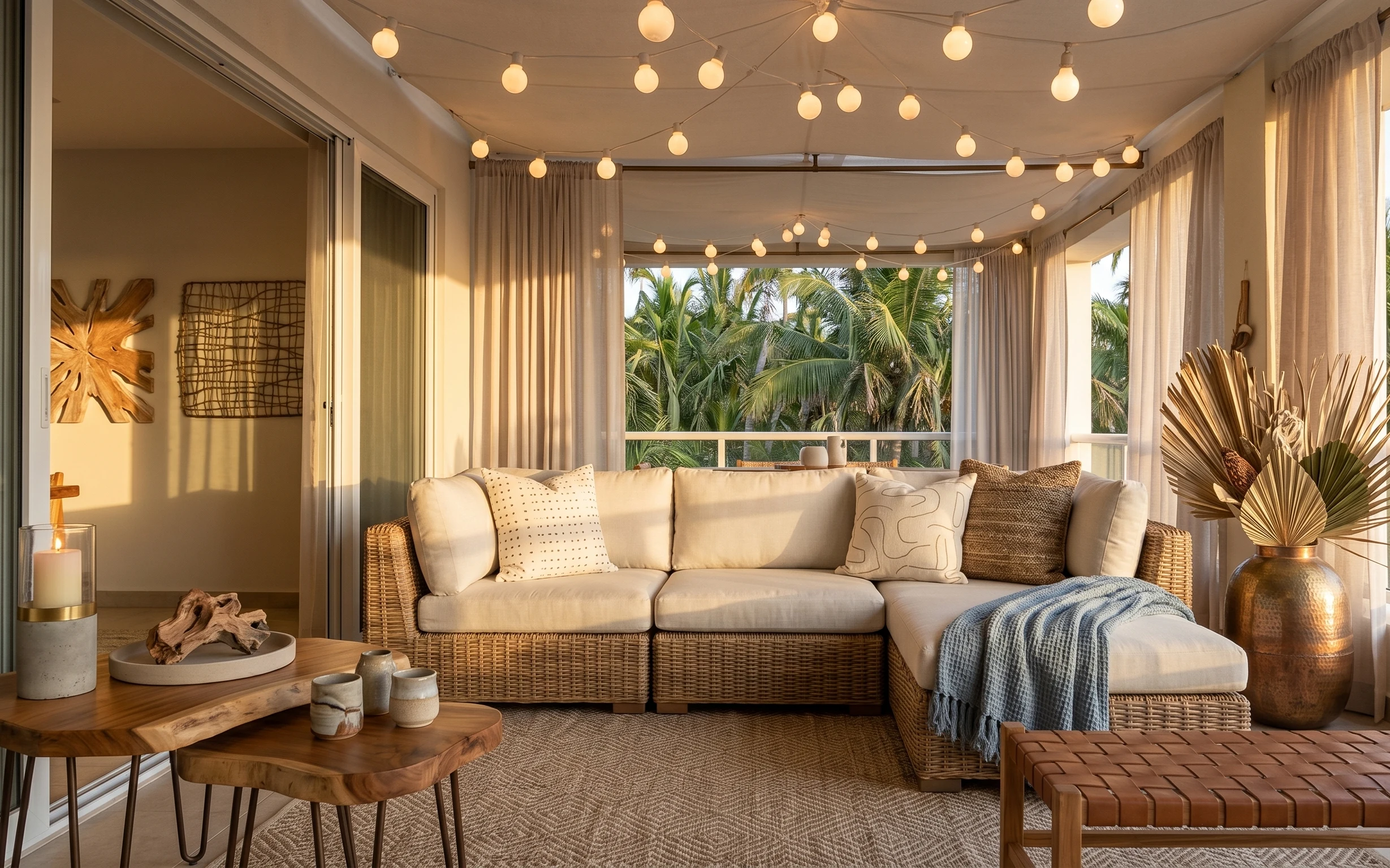 Covered patio lounge with wicker sofa, patterned rug, sheer curtains, plug-in globe string lights, and brass vase with dried palm fronds