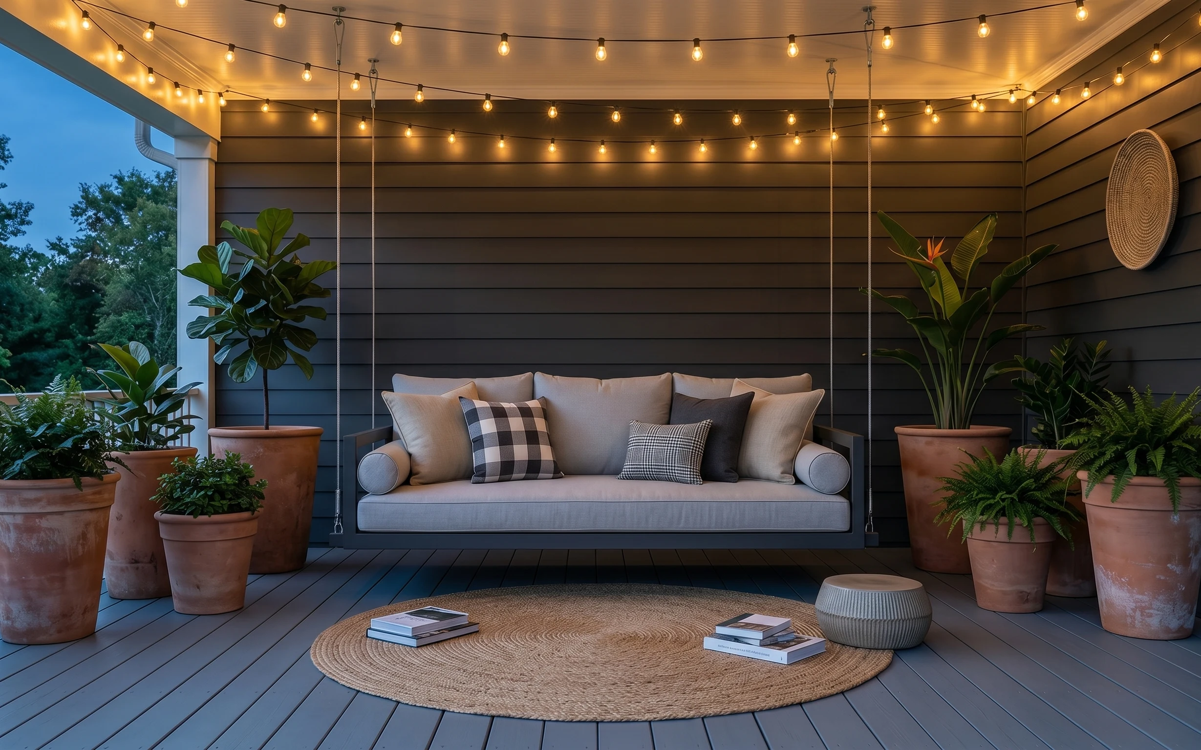String-lit outdoor patio with cushioned bench, round jute rug, terracotta planters, and warm hanging lights