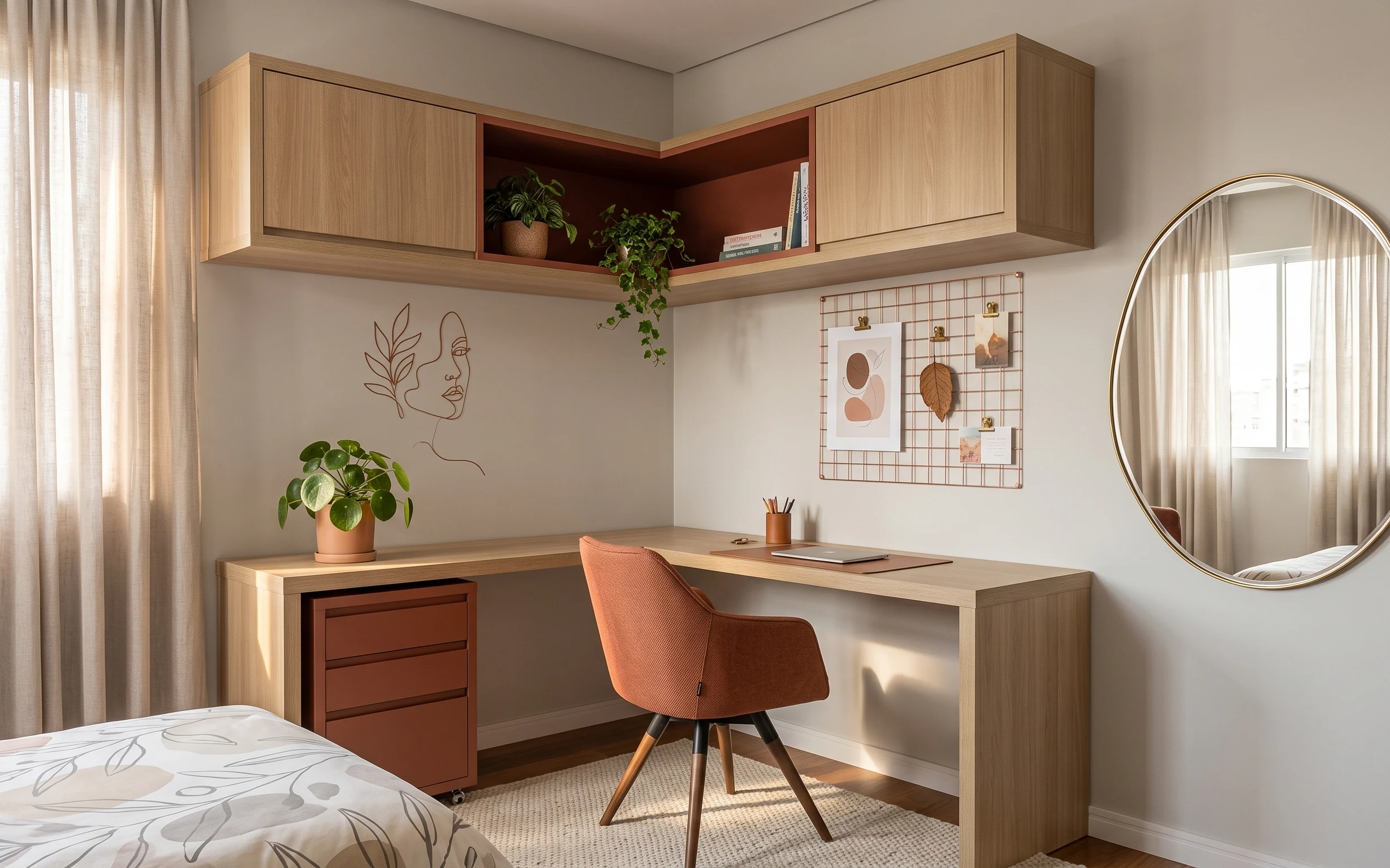 Warm wood desk nook with terracotta plant, beige curtains, brass-framed round mirror, and grid wall organizer
