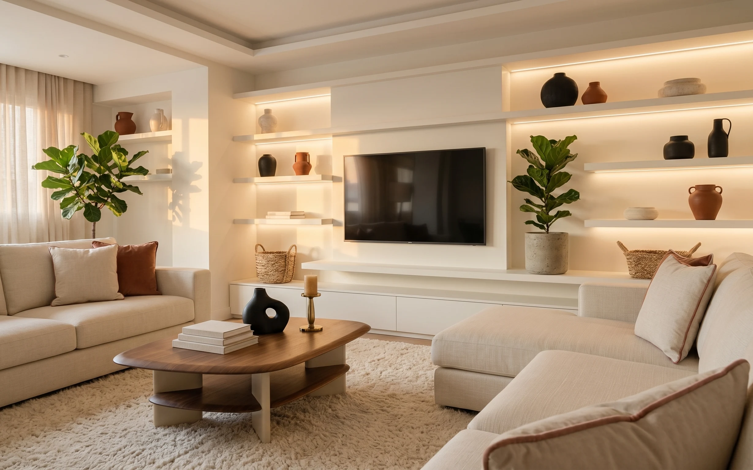 Warm neutral living room with beige sofas, beige rug, cream curtains, and lit wall shelves with vases and plants