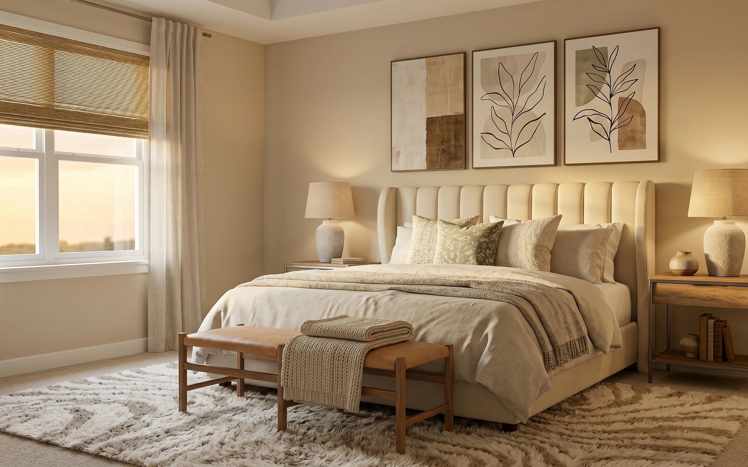 Warm neutral bedroom with tall headboard, shag rug, plug-in table lamps, and three framed botanical prints