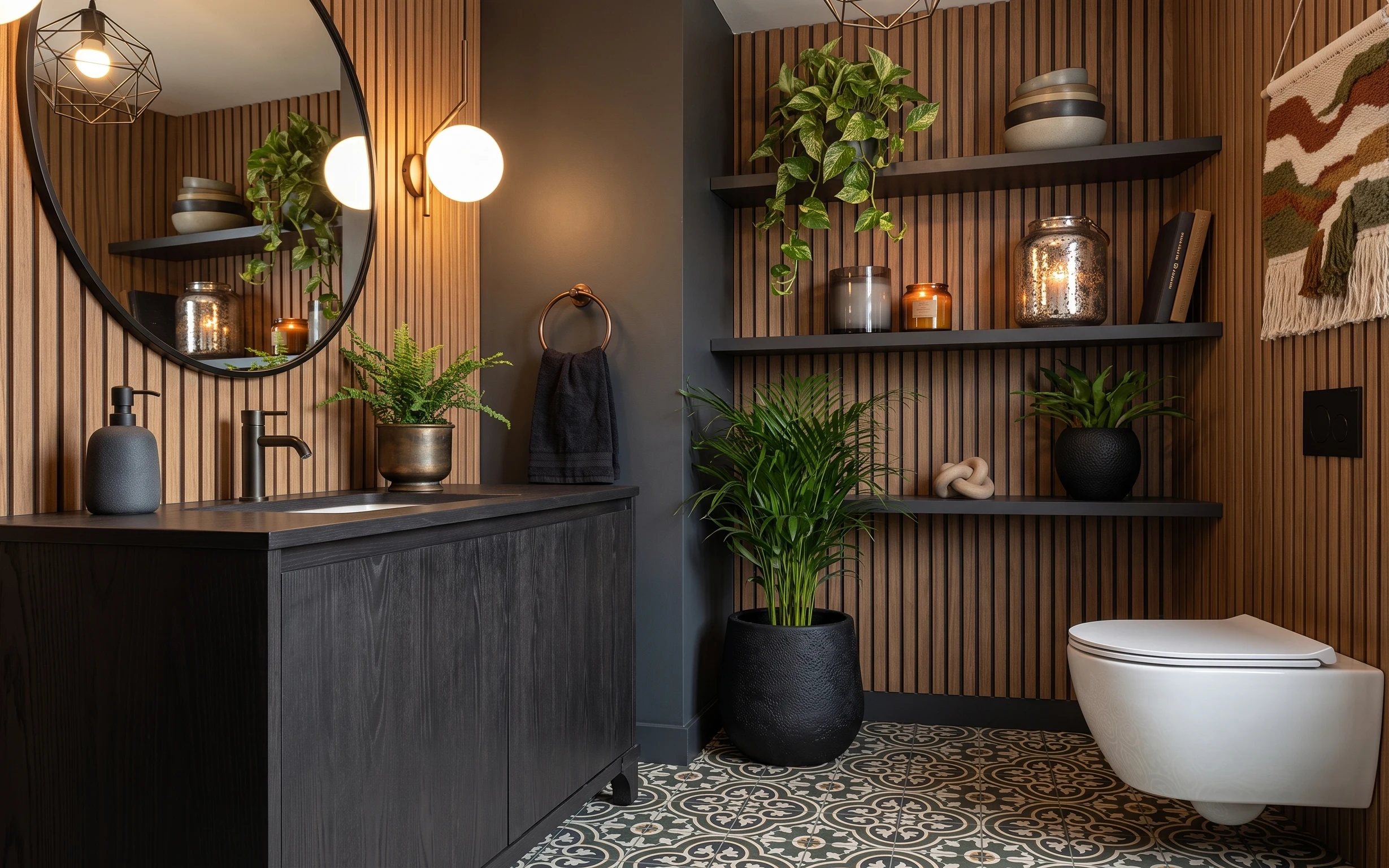 Bathroom vanity corner with round black mirror, wood slat wall, floating shelves, plants, candle jar, and patterned rug
