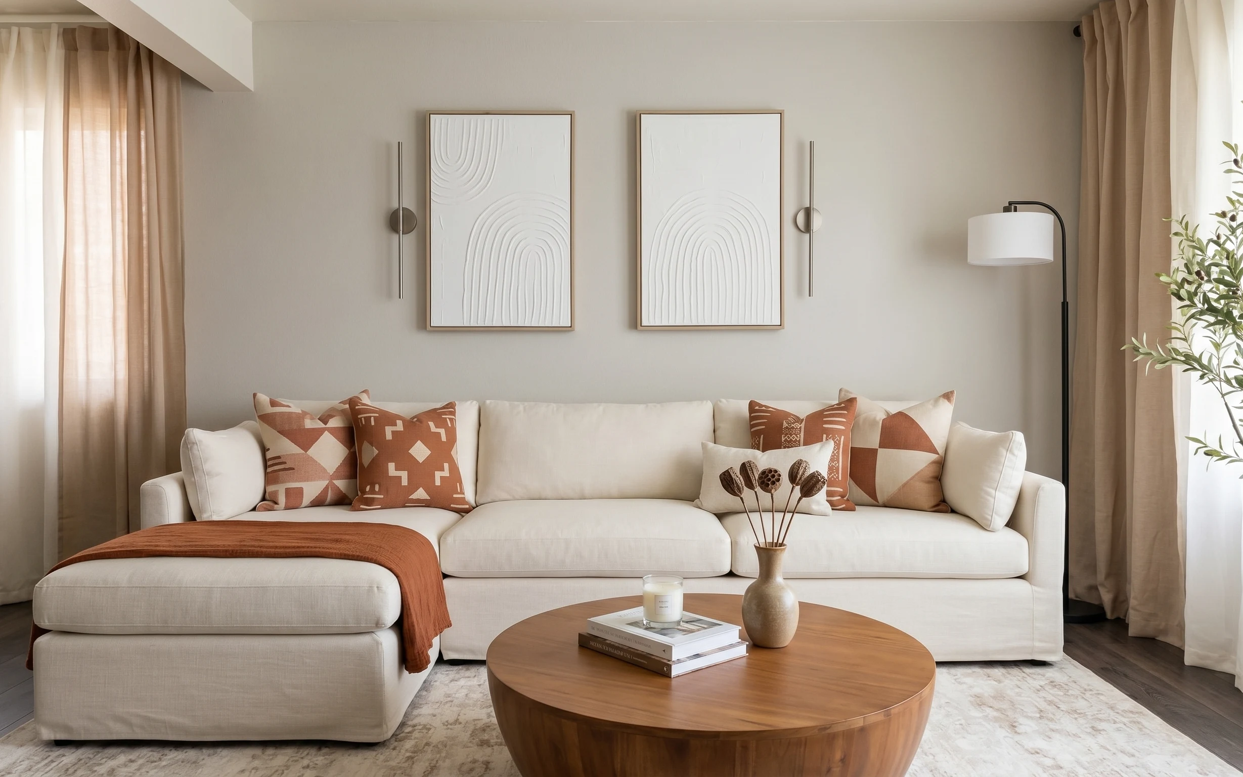 Warm cream sofa with chaise, patterned pillows, brown throw, round wooden coffee table, rug, framed art, and a white-shade floor lamp