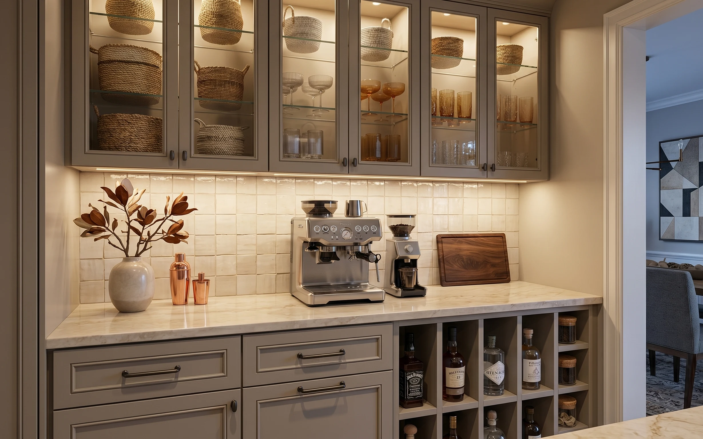 Warm kitchen coffee bar corner with light tile backsplash, espresso machines, copper cups, a beige vase, patterned rug, and framed abstract art.