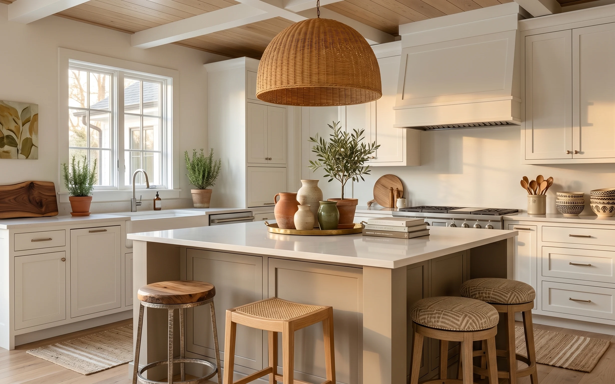 Bright kitchen island nook with wicker pendant, woven rug, framed botanical art, and potted olive plant