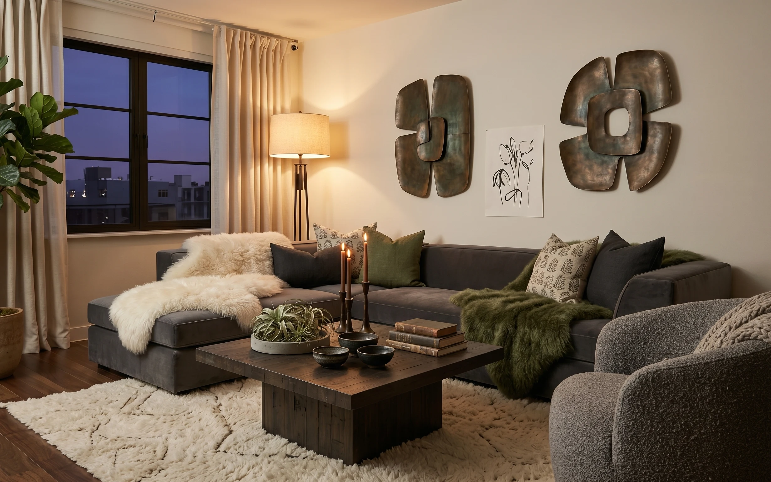 Warm beige living room lounge corner with gray sofa, cream shag rug, floor lamp, candles, and botanical wall art