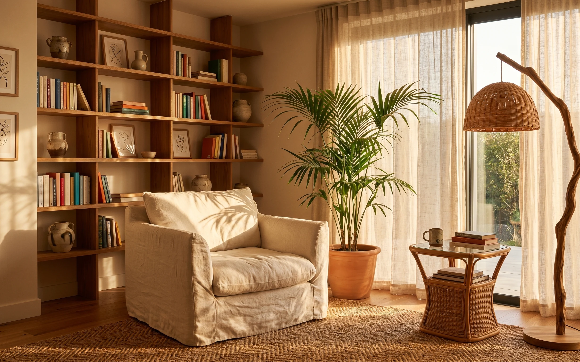 Boho reading corner with beige armchair, textured rug, rattan floor lamp, indoor palm plant, and framed botanical art