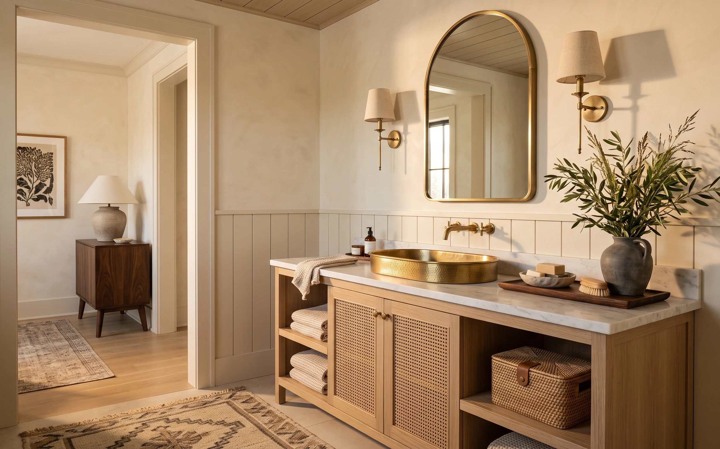 Brass and beige bathroom vanity nook with marble counter, framed botanical art, warm lamp, and leafy plant