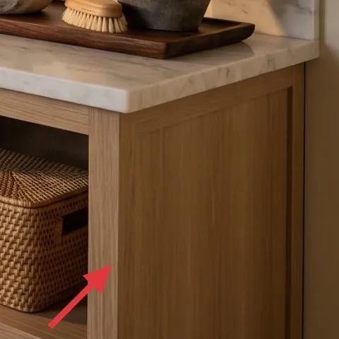 wicker storage basket on lower shelf