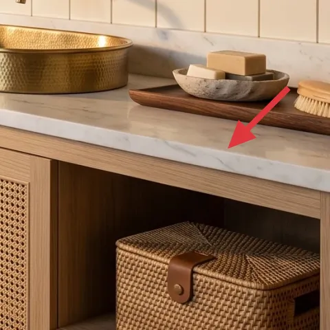 wood tray on marble-pattern counter