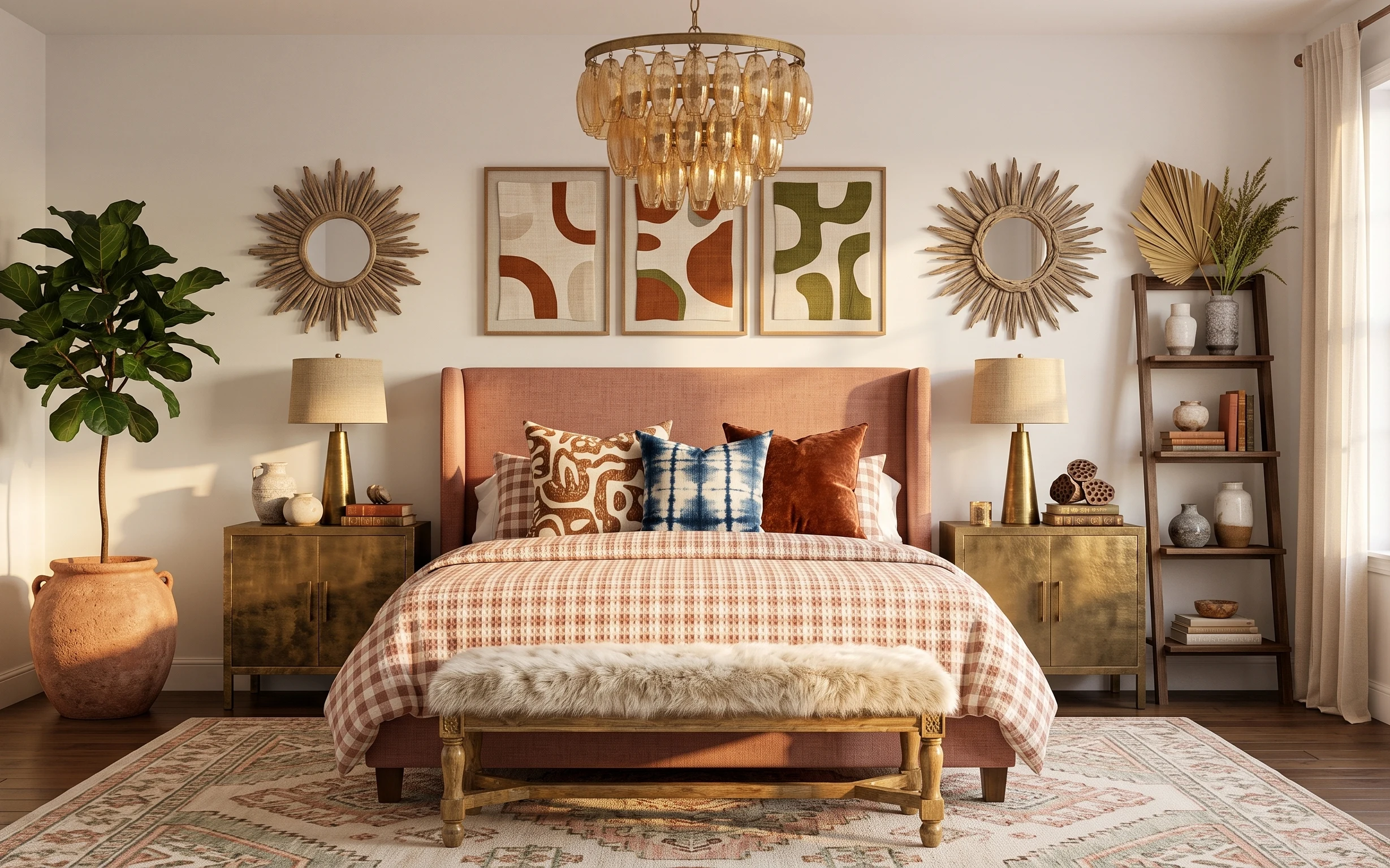 Warm brass bedroom bed nook with patterned rug, framed abstract prints, sunburst mirrors, plug-in table lamps, and terracotta planter
