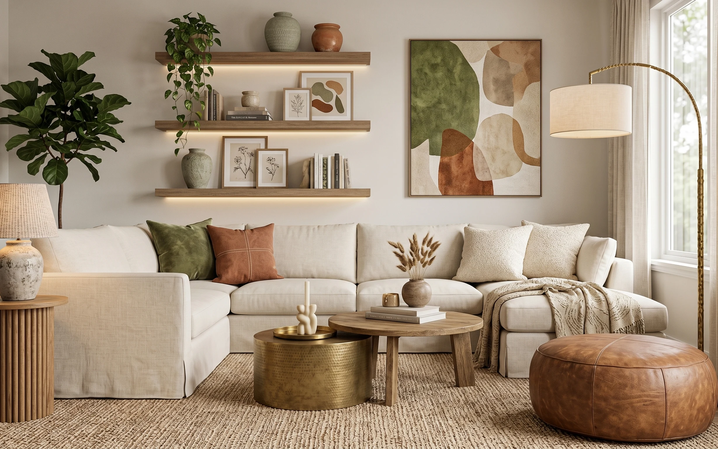 Earthy neutral living room with cream sofa, textured rug, olive pillow, plug-in floor lamp, and framed abstract art