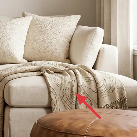 throw blanket draped over right sofa arm