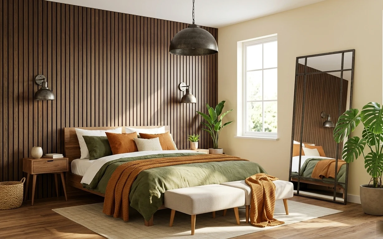 Wood-paneled bedroom with a bed in off-white linens, olive and burnt orange throws, and a black-framed floor mirror