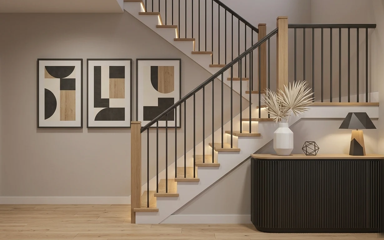Modern entryway landing with staircase railing, console cabinet, framed abstract prints, and a warm table lamp